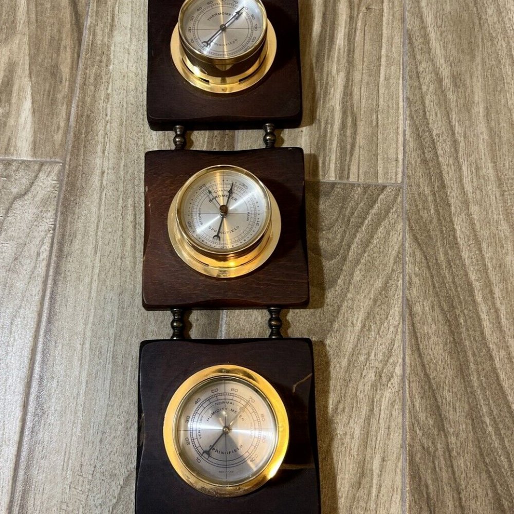 Springfield Weather Station Thermometer, Barometer & Humidity Meter Wood Vintage